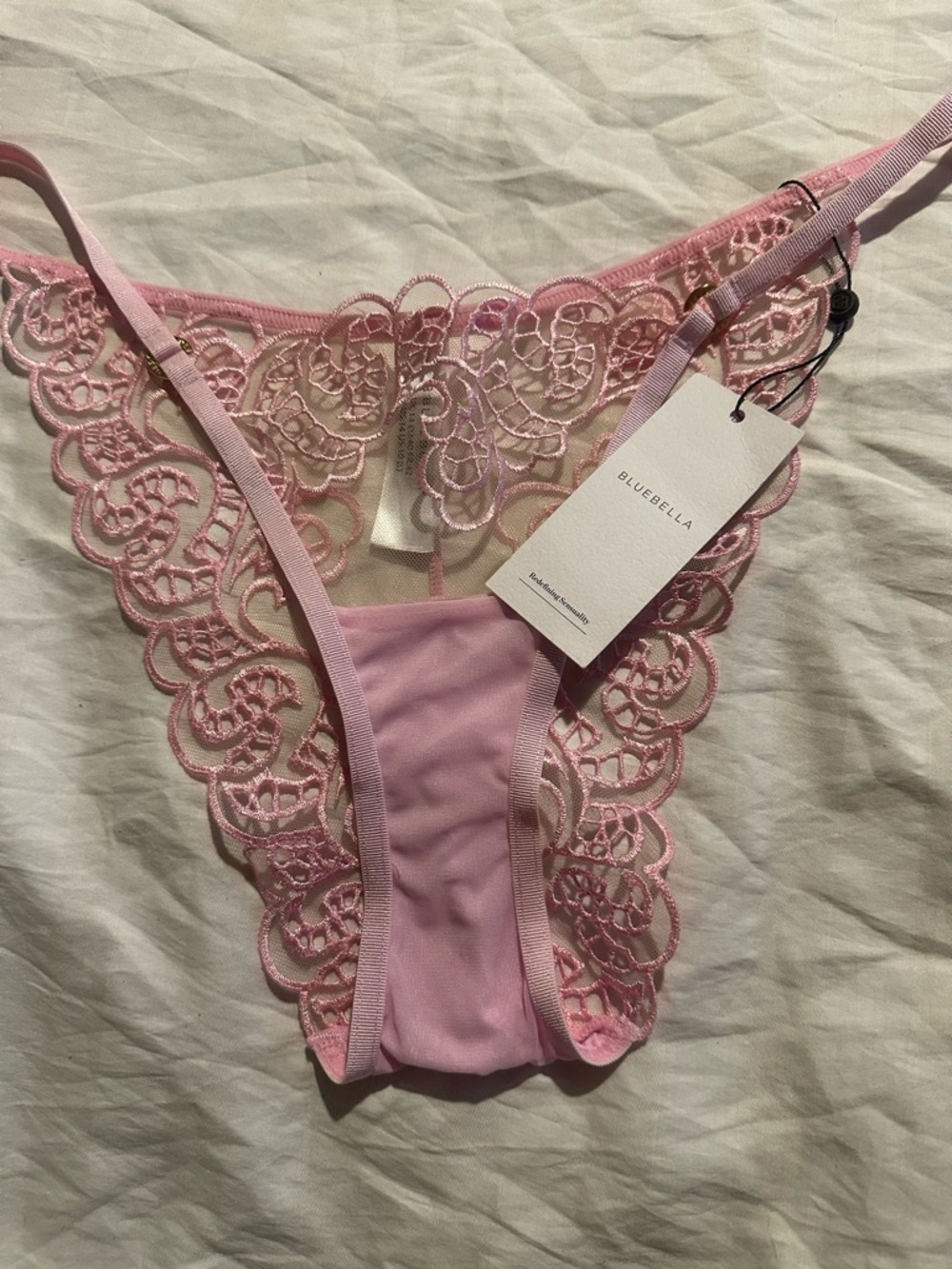 Bluebella Light Pink Lace Thong with Floral Embroidery